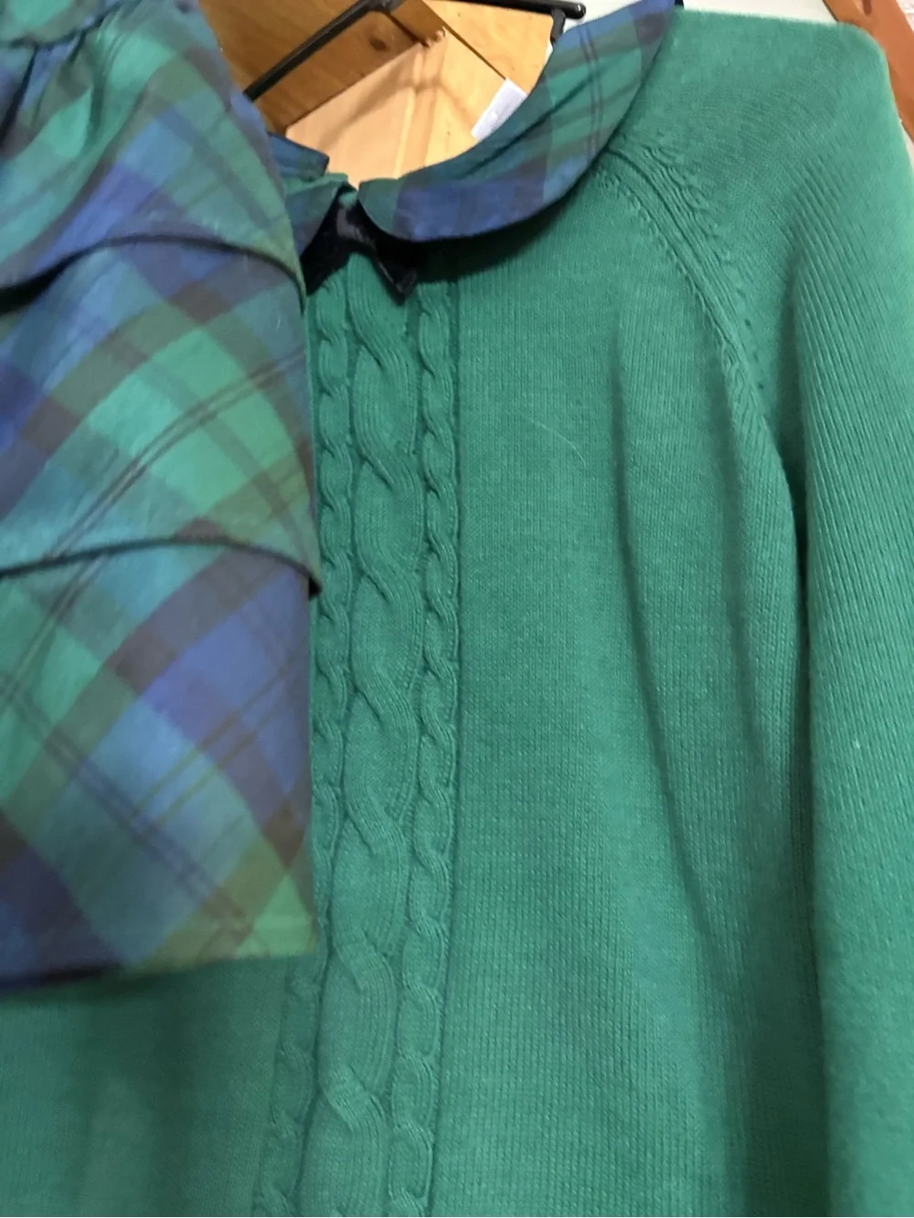 Gymboree Green Cable-Knit Sweater with Blue-Green Plaid Collar & Skirt